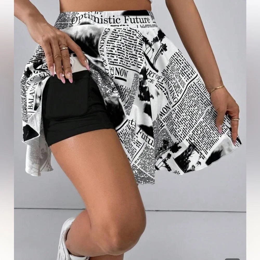 XL SHEIN Newspaper Print Black & White Skater Skirt built in shorts
